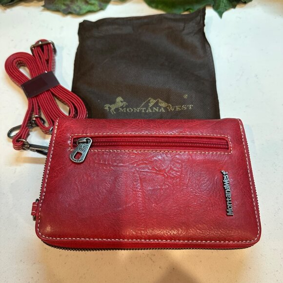 Montana West Red Leather Alligator Pattern Crossbody Wallet With Strap - Picture 3 of 11